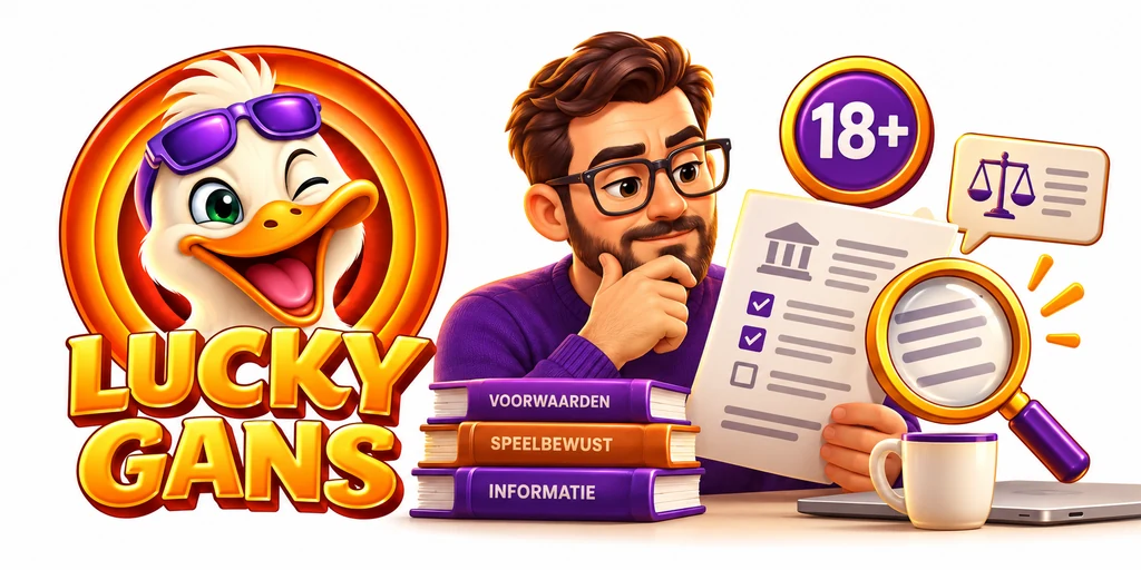 Lucky Gans met een volwassen lezer, een vergrootglas en documenten over casinovoorwaarden.