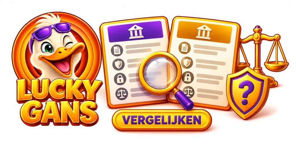 Lucky Gans met vergelijkingsdocumenten, een weegschaal en een schild met vraagteken.